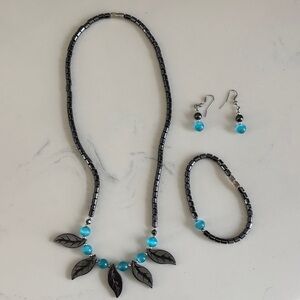 Hematite Leaf and Turquoise Bead Jewelry Set - Women